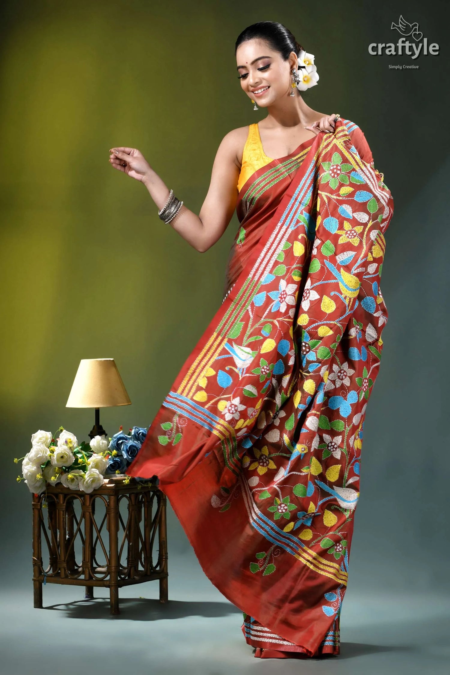 Bird motif kantha embroidery silk saree in roof terracotta vibrant red silk saree adorned 4