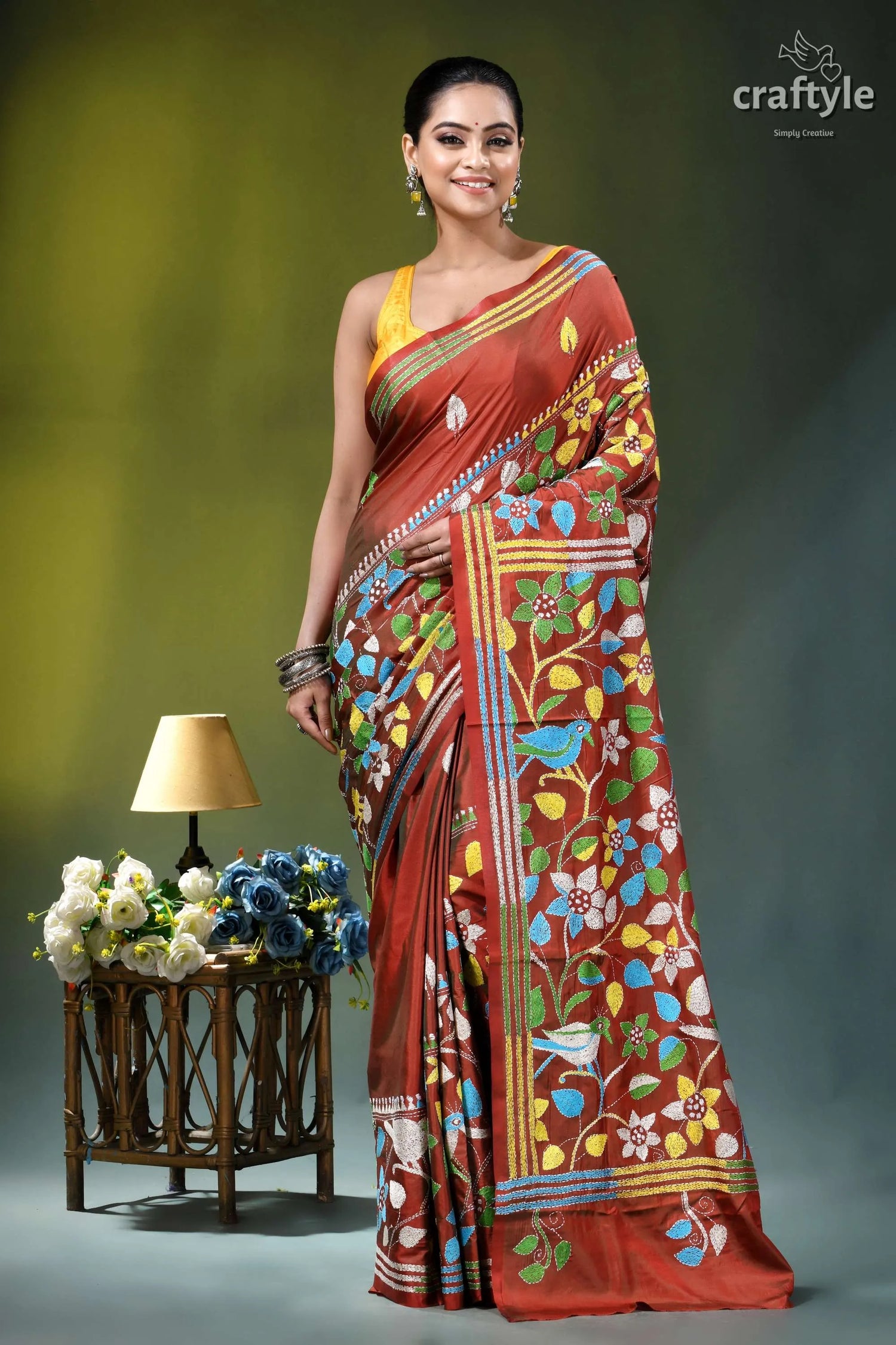 Bird motif kantha embroidery silk saree in roof terracotta vibrant red hand-block printed saree 7