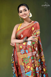 Bird motif kantha embroidery silk saree in roof terracotta vibrant red sari adorned intricate 2