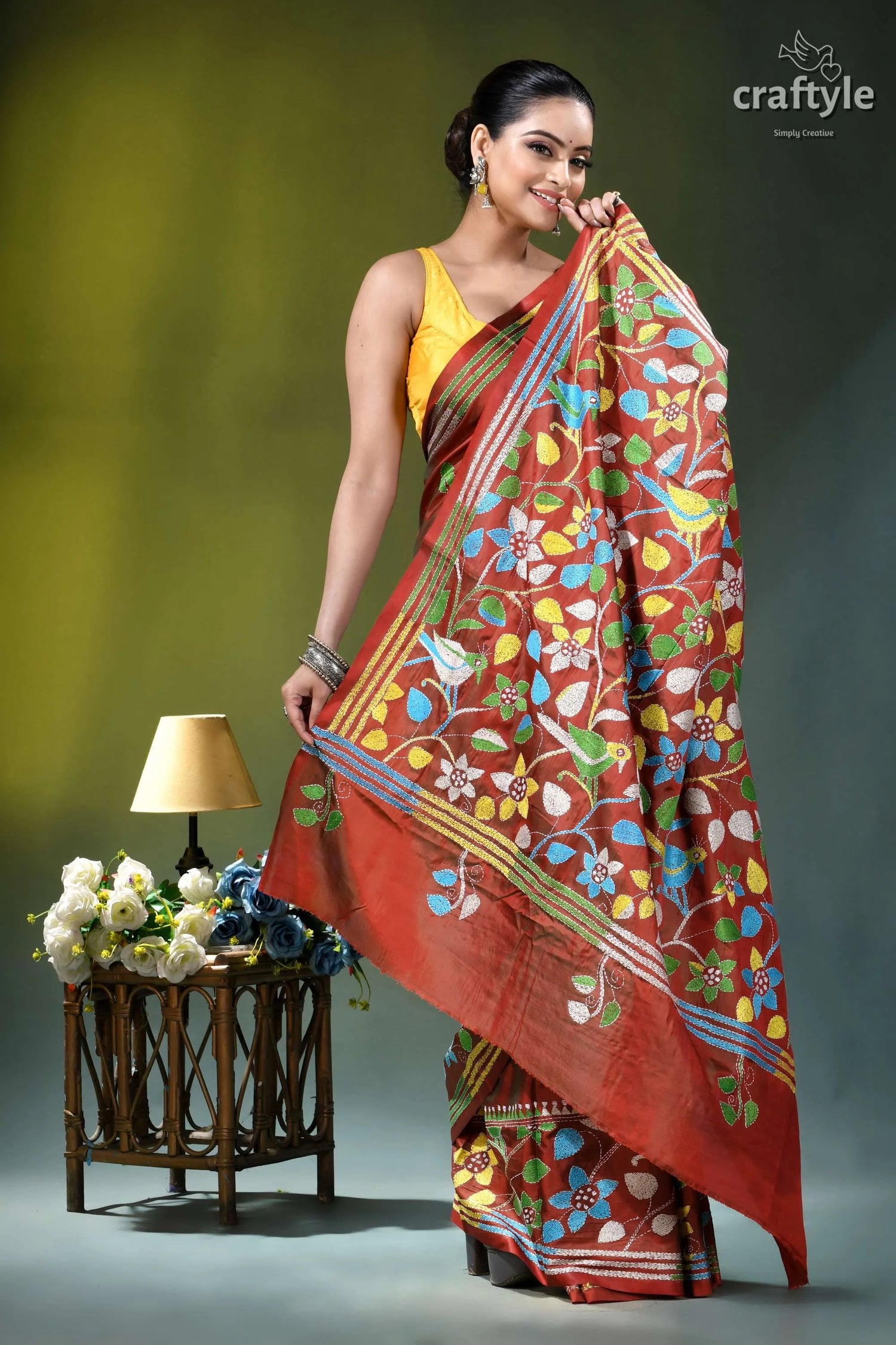 Bird motif kantha embroidery silk saree in roof terracotta vibrant red silk saree adorned 5