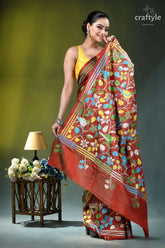 Bird motif kantha embroidery silk saree in roof terracotta vibrant red silk saree adorned 5
