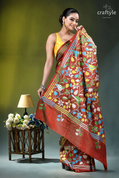 Bird motif kantha embroidery silk saree in roof terracotta vibrant red silk saree adorned 5