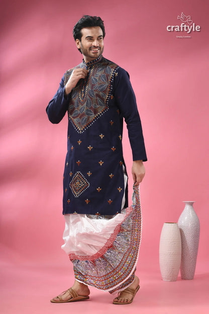 Biscay blue kantha cotton panjabi for men men’s navy blue embroidered kurta 6