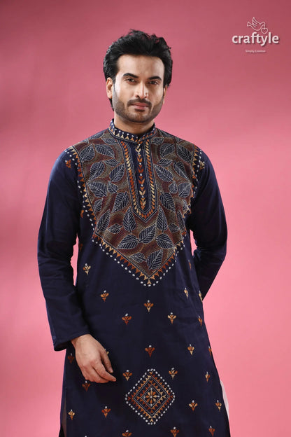Biscay blue kantha cotton panjabi for men men’s navy blue embroidered kurta 2
