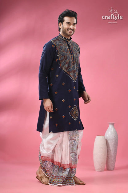 Biscay blue kantha cotton panjabi for men dark blue embroidered kurta white 5