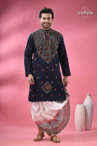 Biscay blue kantha cotton panjabi for men men’s navy blue embroidered kurta 4