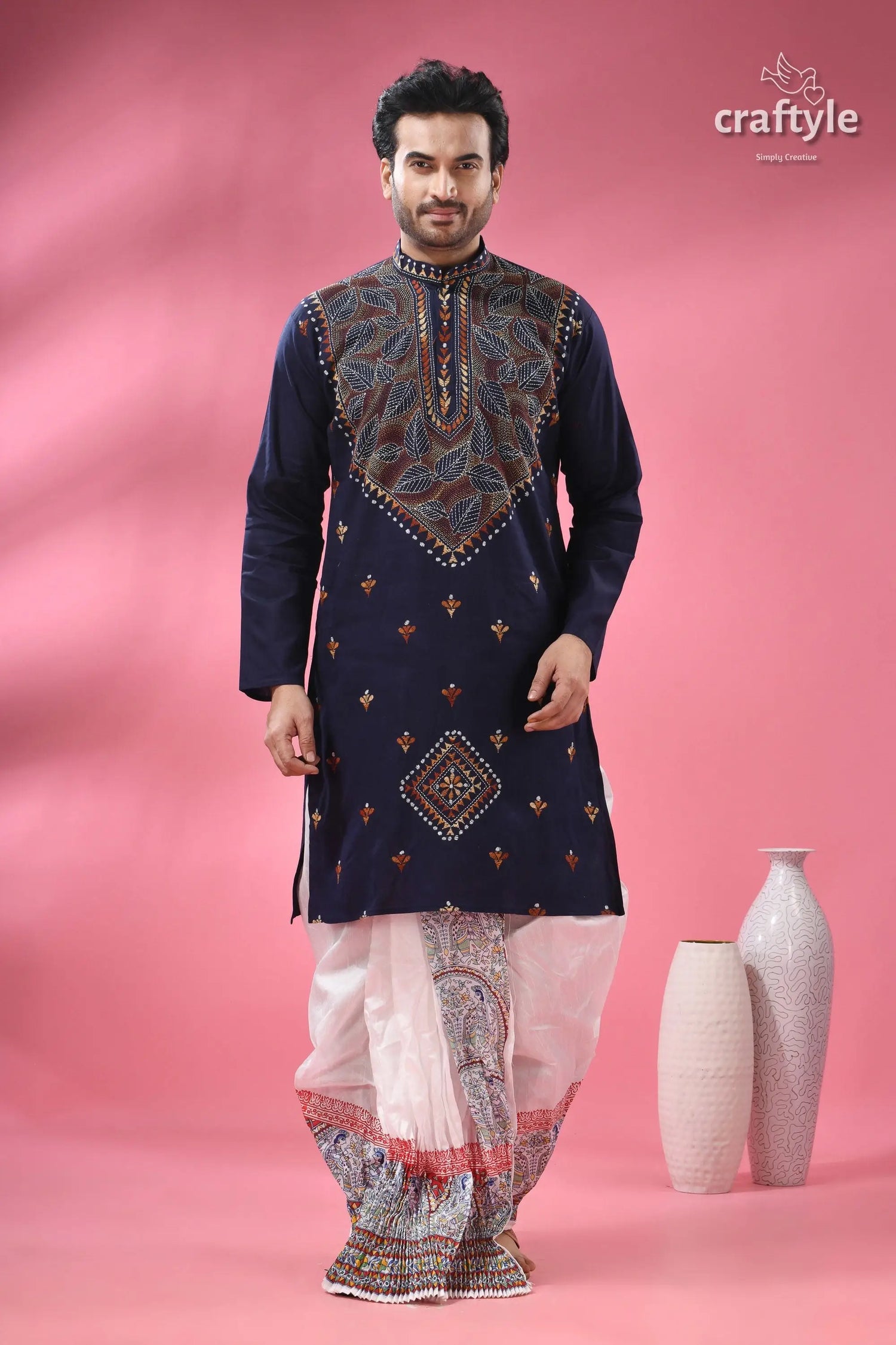 Biscay blue kantha cotton panjabi for men men’s embroidered navy blue kurta 1