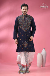 Biscay blue kantha cotton panjabi for men men’s embroidered navy blue kurta 1