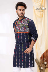 Biscay Blue Multithread Hand Embroidered Kantha Mens Kurta - Craftyle