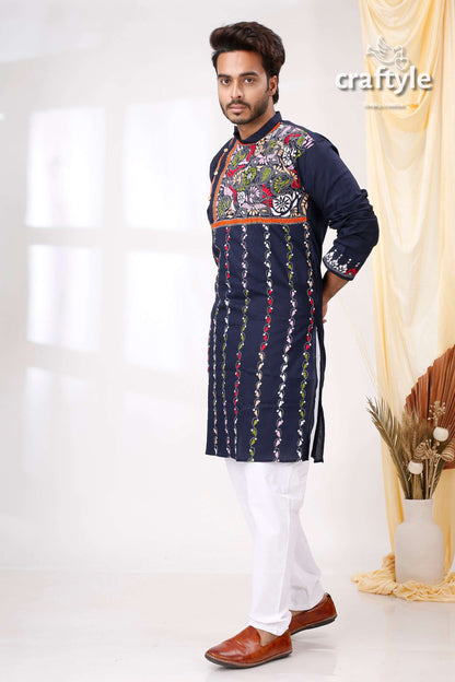 Biscay Blue Multithread Hand Embroidered Kantha Mens Kurta - Craftyle