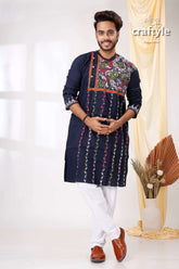 Biscay Blue Multithread Hand Embroidered Kantha Mens Kurta - Craftyle