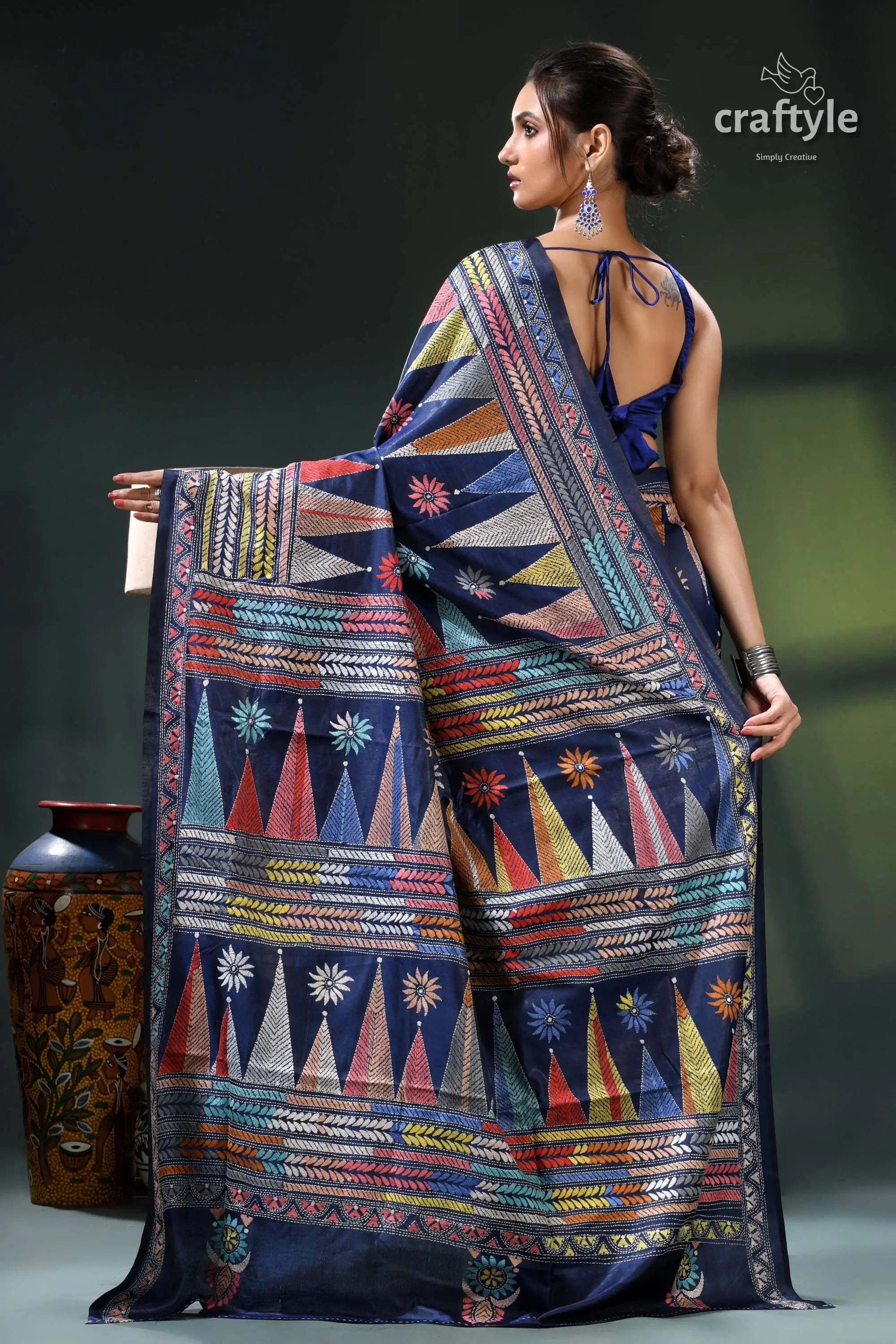 Biscay blue temple design multicolor silk kantha stitch saree multicolored geometric patterned saree intricate 6