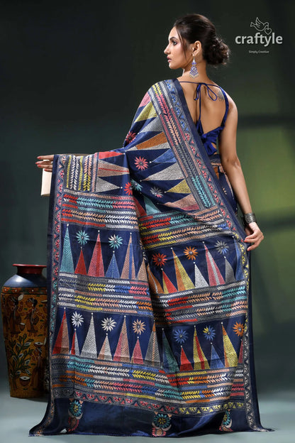 Biscay blue temple design multicolor silk kantha stitch saree multicolored geometric patterned saree intricate 6