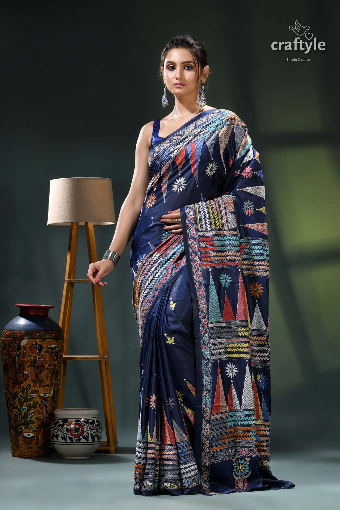 Biscay blue temple design multicolor silk kantha stitch saree navy blue saree colorful geometric 1