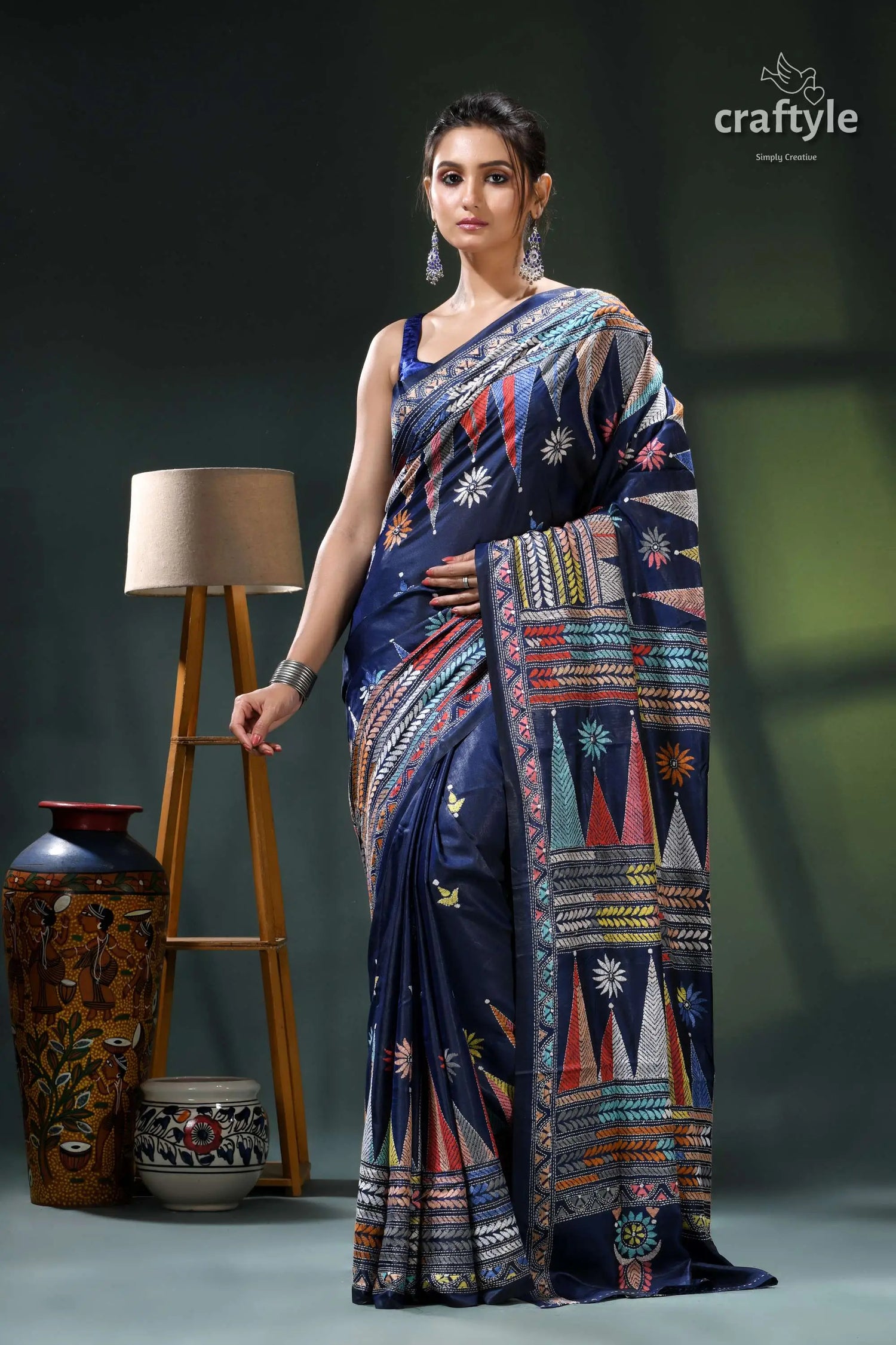 Biscay blue temple design multicolor silk kantha stitch saree navy blue saree colorful geometric 1