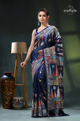 Biscay blue temple design multicolor silk kantha stitch saree navy blue saree colorful geometric 1