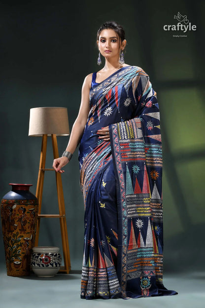 Biscay blue temple design multicolor silk kantha stitch saree navy blue saree colorful geometric 1