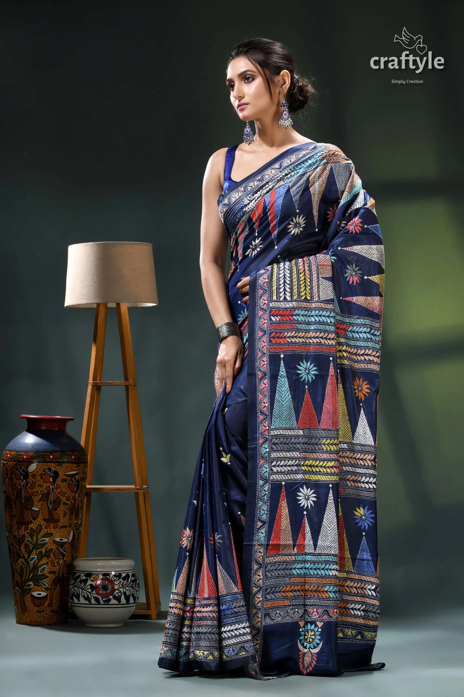 Biscay blue temple design multicolor silk kantha stitch saree navy blue saree colorful geometric 3