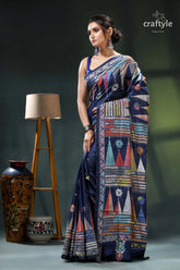 Biscay blue temple design multicolor silk kantha stitch saree navy blue saree colorful geometric 3