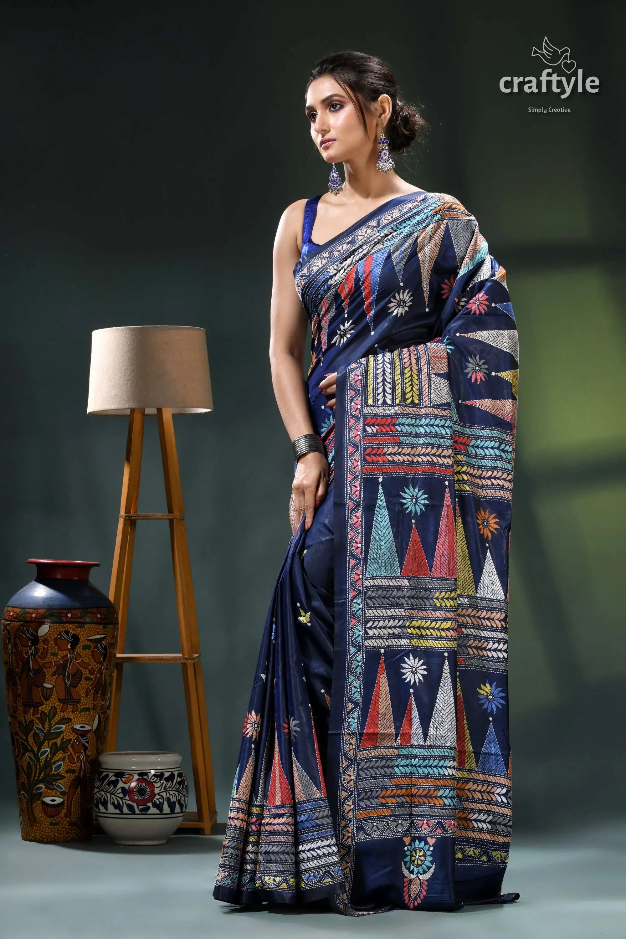 Biscay blue temple design multicolor silk kantha stitch saree navy blue saree colorful geometric 3