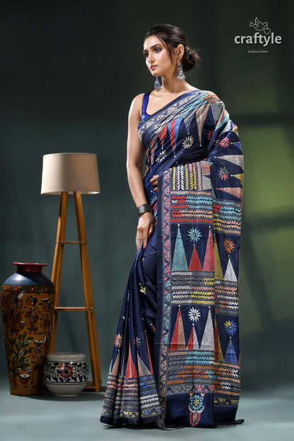 Biscay blue temple design multicolor silk kantha stitch saree navy blue saree colorful geometric 3