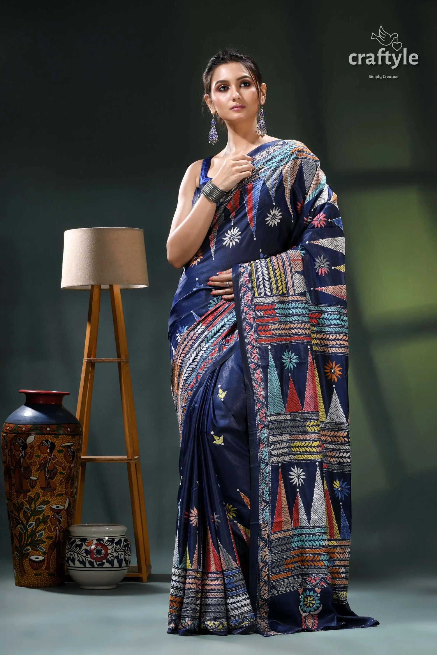 Biscay blue temple design multicolor silk kantha stitch saree navy blue saree colorful patchwork 7