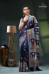 Biscay blue temple design multicolor silk kantha stitch saree navy blue saree colorful patchwork 7