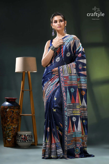 Biscay blue temple design multicolor silk kantha stitch saree navy blue saree colorful patchwork 7