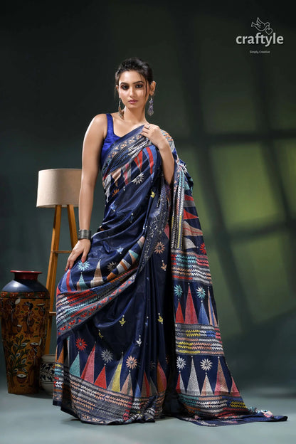 Biscay blue temple design multicolor silk kantha stitch saree navy blue saree intricate white 4
