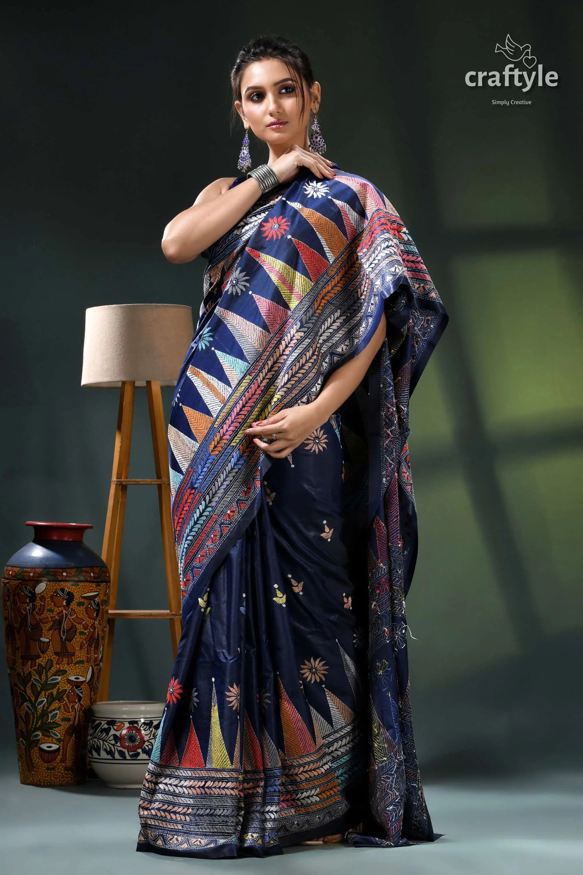 Biscay blue temple design multicolor silk kantha stitch saree navy blue saree colorful geometric 5