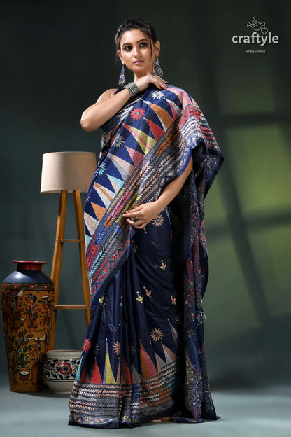 Biscay blue temple design multicolor silk kantha stitch saree navy blue saree colorful geometric 5