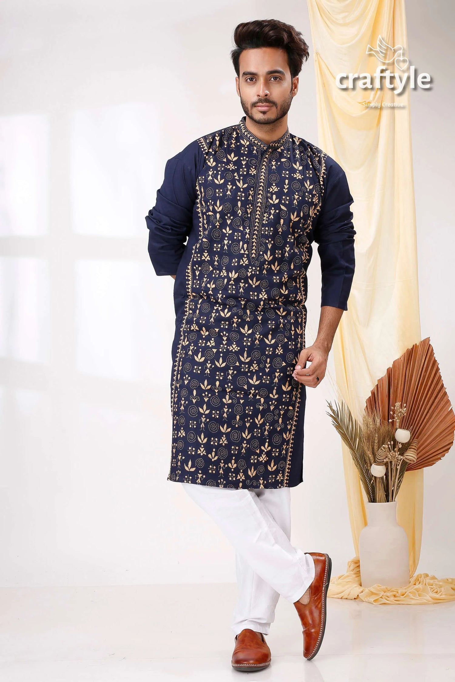 Biscay blue with cream thread kantha stitch cotton kurta for men navy embroidered gold 1