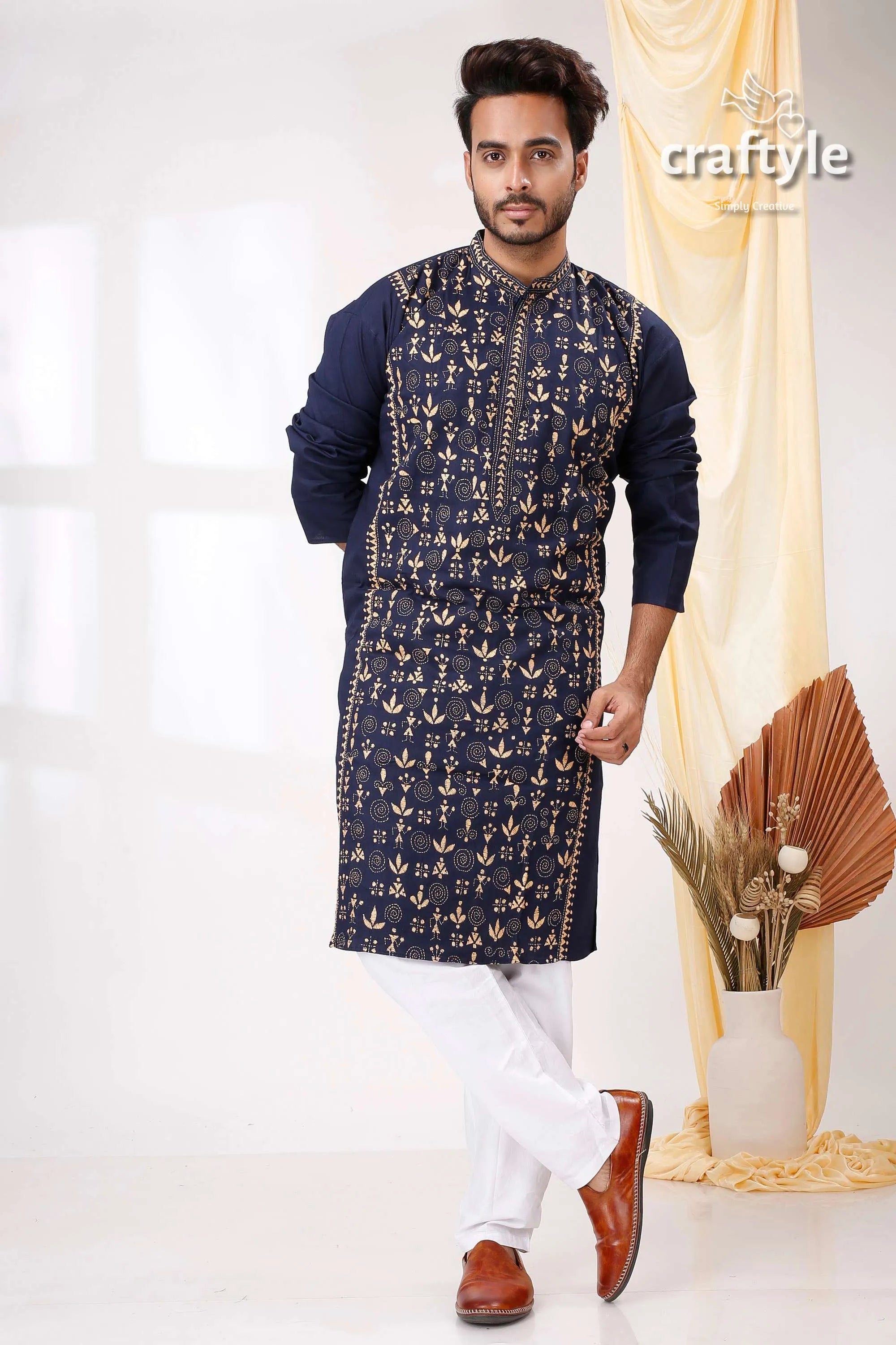 Biscay blue with cream thread kantha stitch cotton kurta for men navy embroidered gold 1