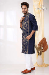 Biscay blue with cream thread kantha stitch cotton kurta for men navy embroidered gold 3