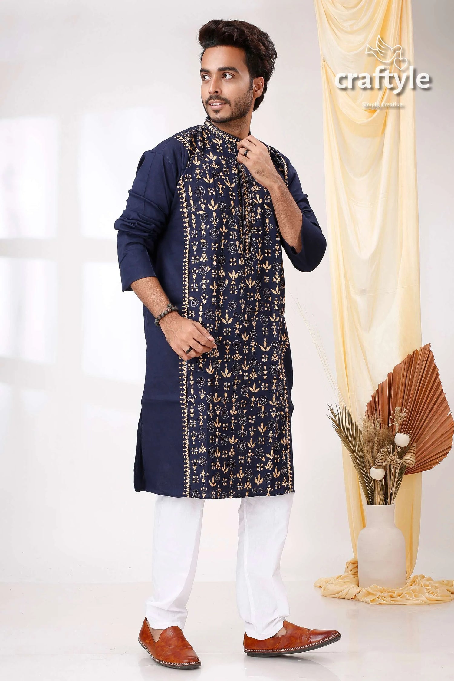 Biscay blue with cream thread kantha stitch cotton kurta for men navy intricate gold 4