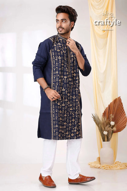 Biscay blue with cream thread kantha stitch cotton kurta for men navy intricate gold 4
