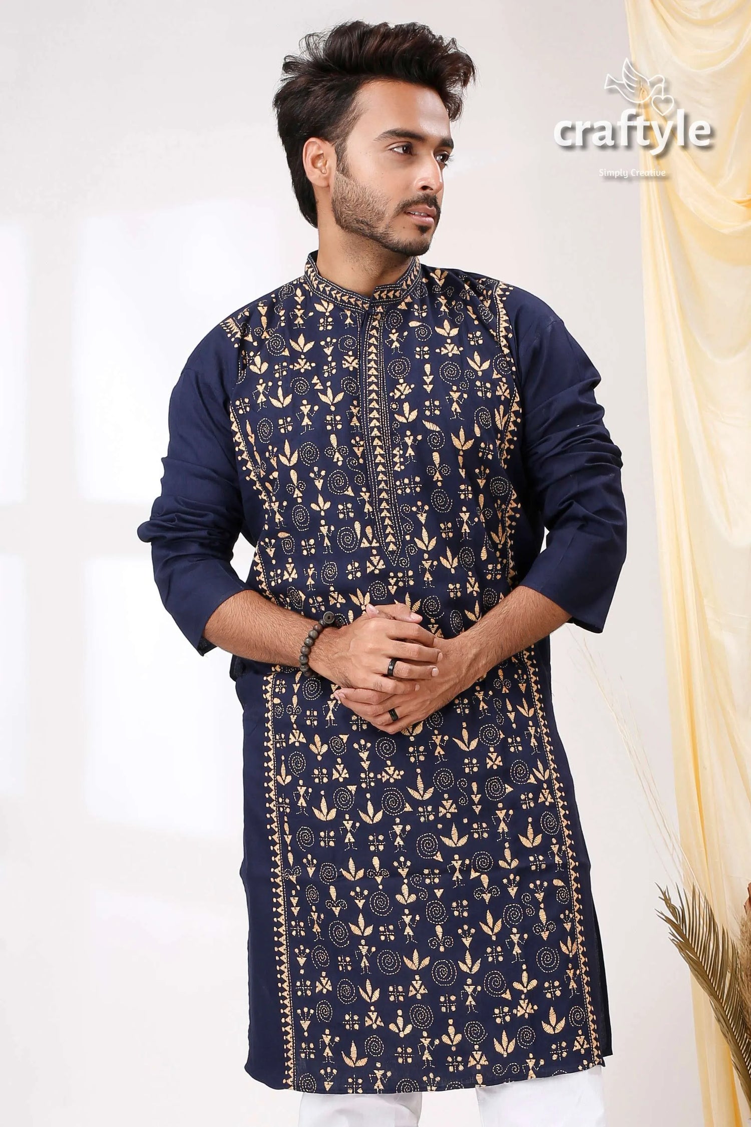 Biscay blue with cream thread kantha stitch cotton kurta for men navy intricate gold 2