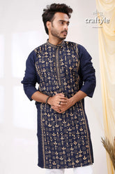 Biscay blue with cream thread kantha stitch cotton kurta for men navy intricate gold 2