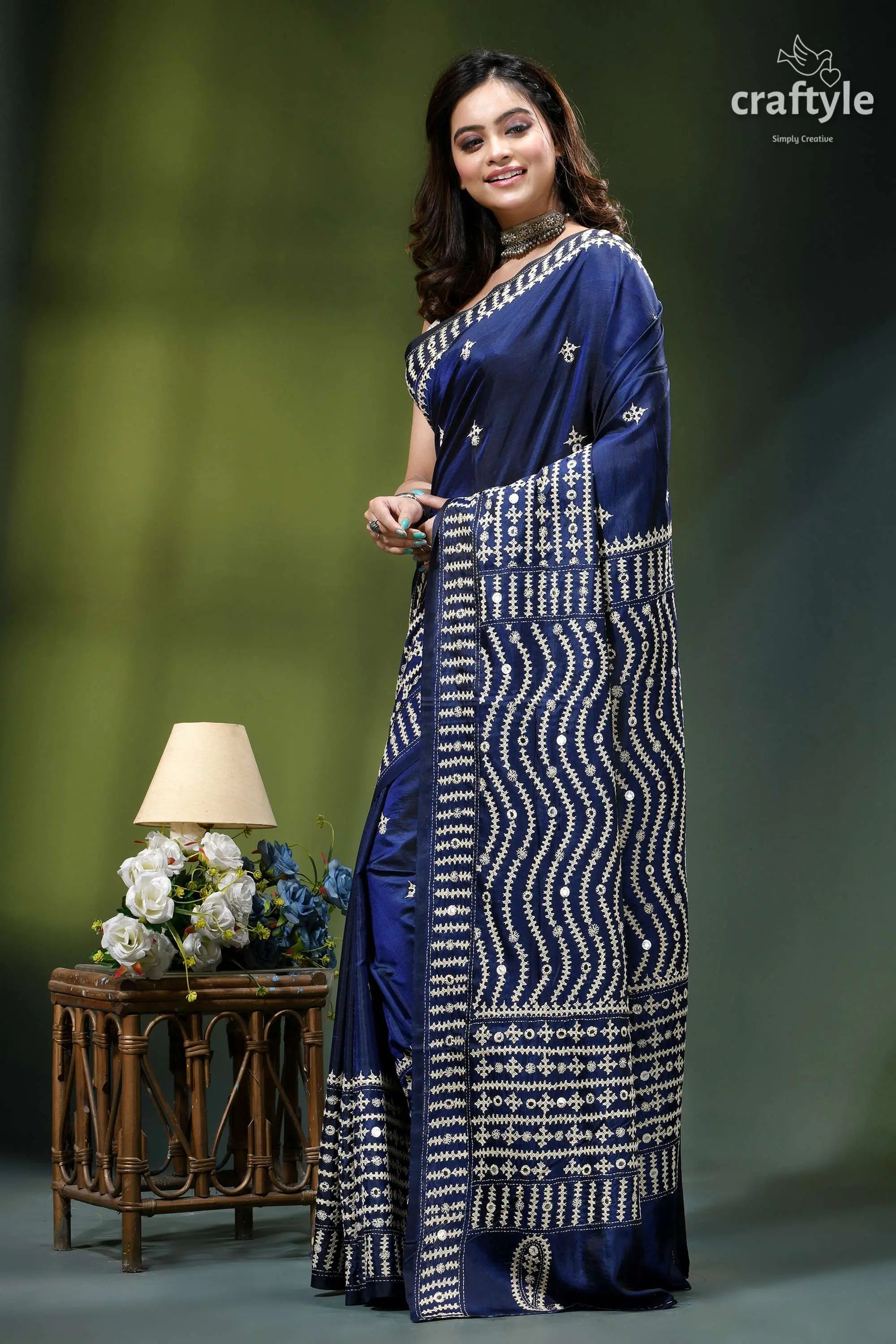 Biskay blue beige thread work silk gujrati stitch saree - mirror deep navy blue saree intricate 4