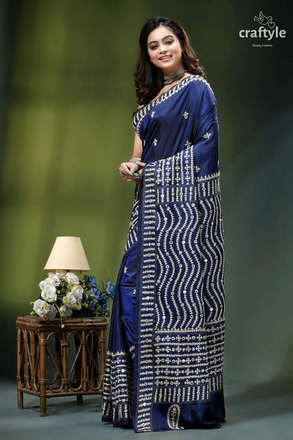 Biskay blue beige thread work silk gujrati stitch saree - mirror deep navy blue saree intricate 4