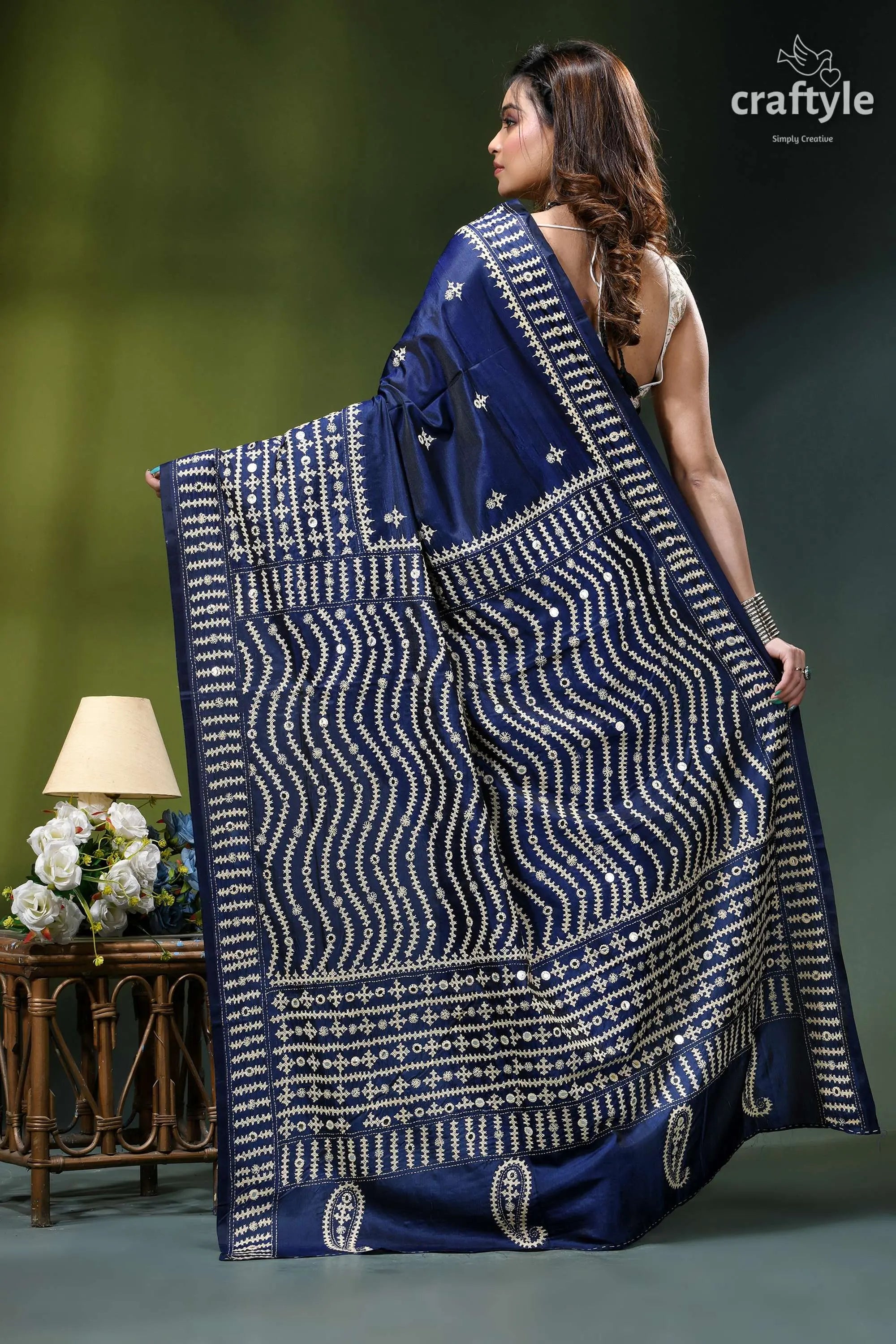 Biskay blue beige thread work silk gujrati stitch saree - mirror deep navy blue saree intricate 5