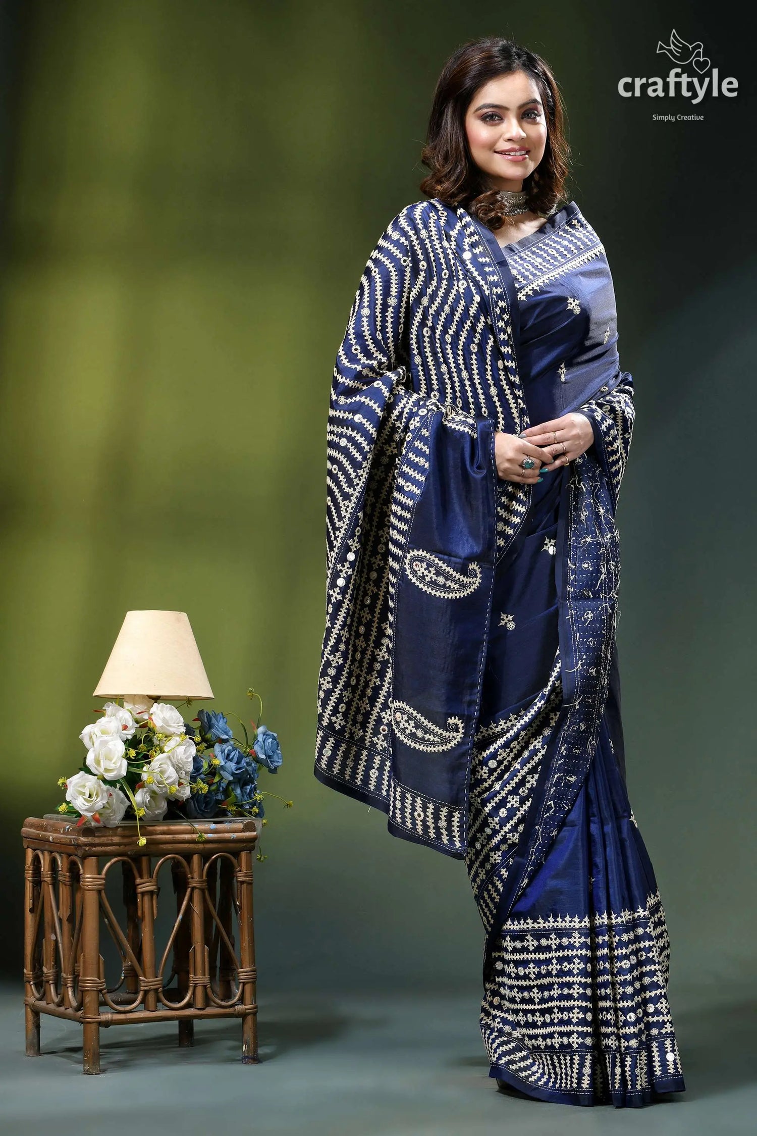 Biskay blue beige thread work silk gujrati stitch saree - mirror navy blue saree intricate white 6