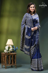 Biskay blue beige thread work silk gujrati stitch saree - mirror navy blue saree intricate white 6