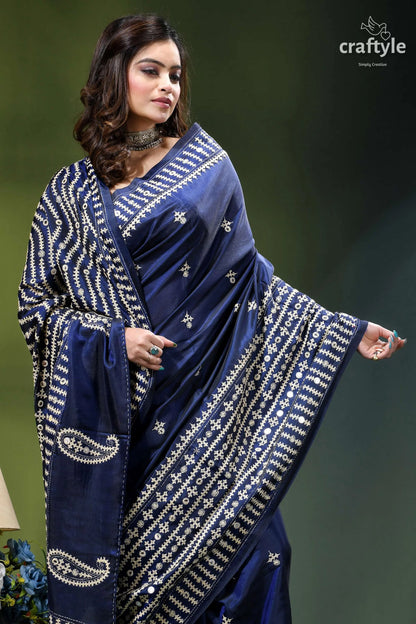 Biskay blue beige thread work silk gujrati stitch saree - mirror navy blue silk saree adorned 2