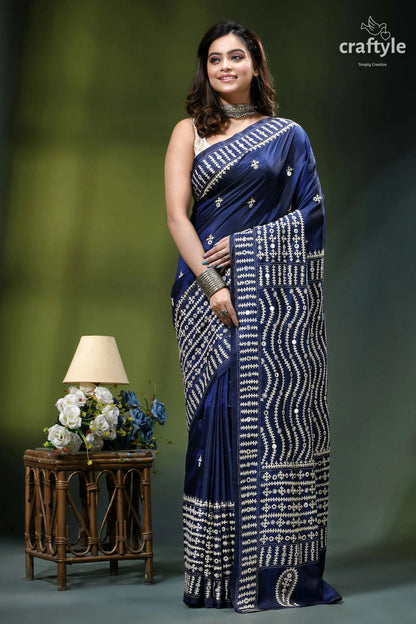 Biskay blue beige thread work silk gujrati stitch saree - mirror deep navy blue saree intricate 3