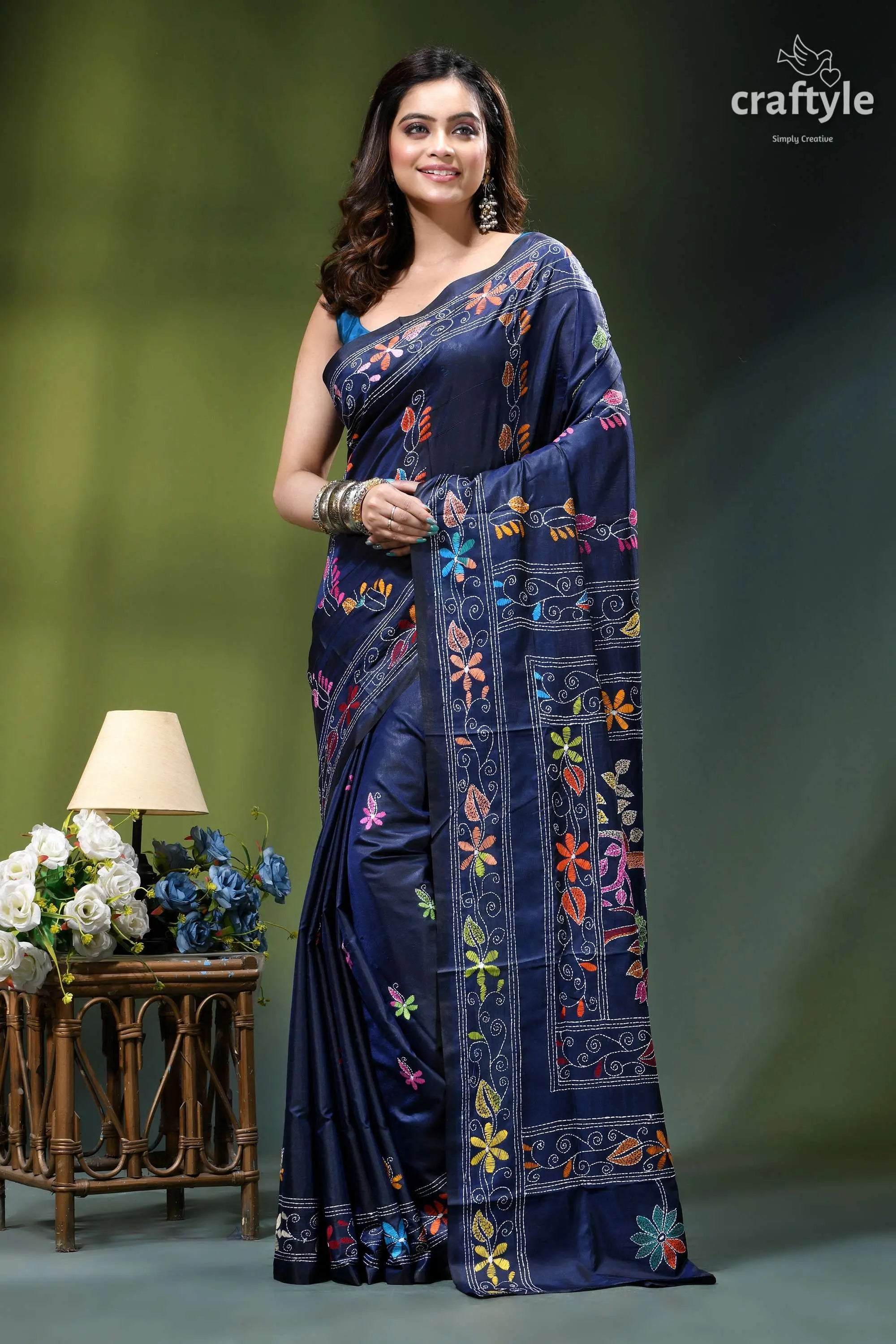 Biskay blue multicolor bird motif handmade silk kantha stitch saree deep navy blue saree intricate 6