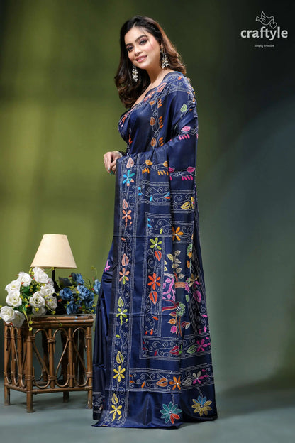 Biskay blue multicolor bird motif handmade silk kantha stitch saree navy blue saree adorned vibrant 3