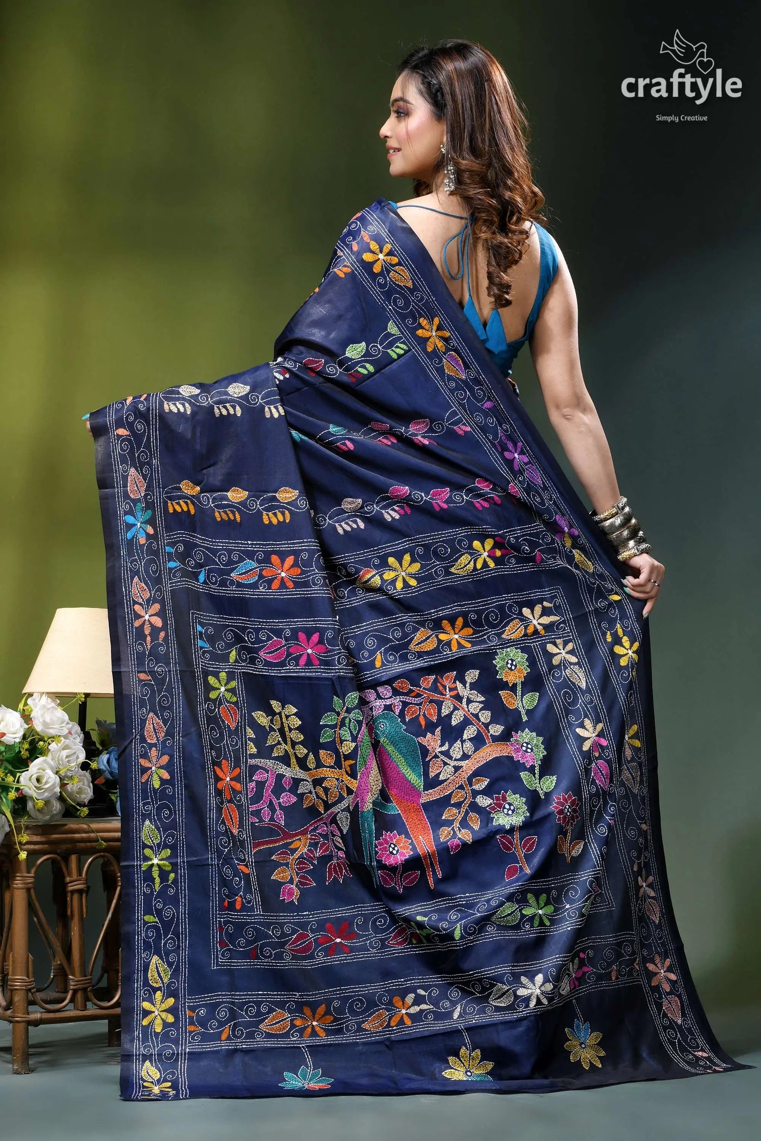 Biskay blue multicolor bird motif handmade silk kantha stitch saree navy blue silk saree adorned 5