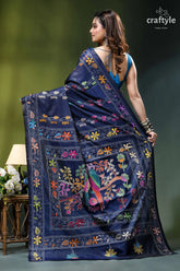 Biskay blue multicolor bird motif handmade silk kantha stitch saree navy blue silk saree adorned 5