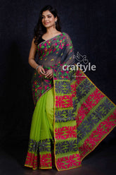 Black and Green Jamdani Resham Check Saree-Craftyle